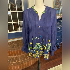 Boho embroidered Hope Springs Blue tunic blouse size large